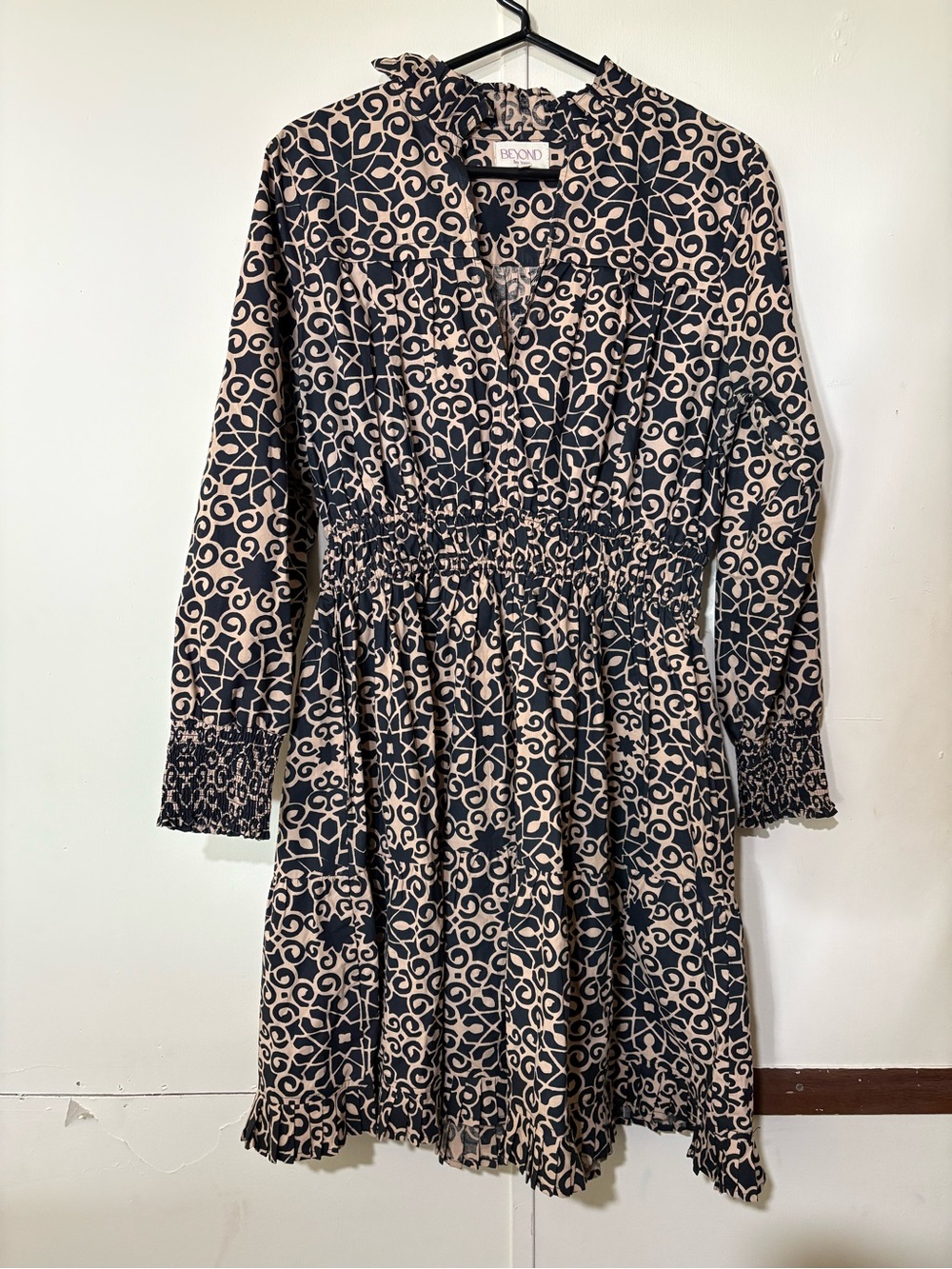 Beyond Beige & Black Long-Sleeve Smocked Waist Dress